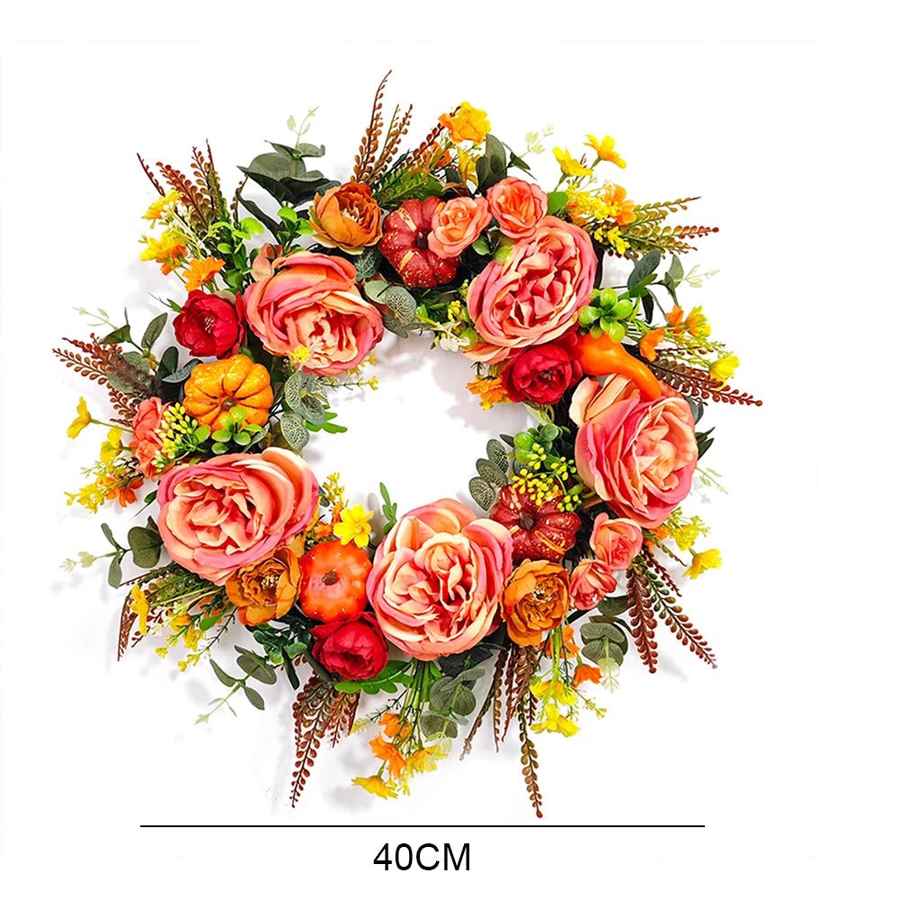 Autumn Round Wreath Decorative Artificial Autumn Garland Festival Theme Farmhouse Party Decoration - silverfoxgoods